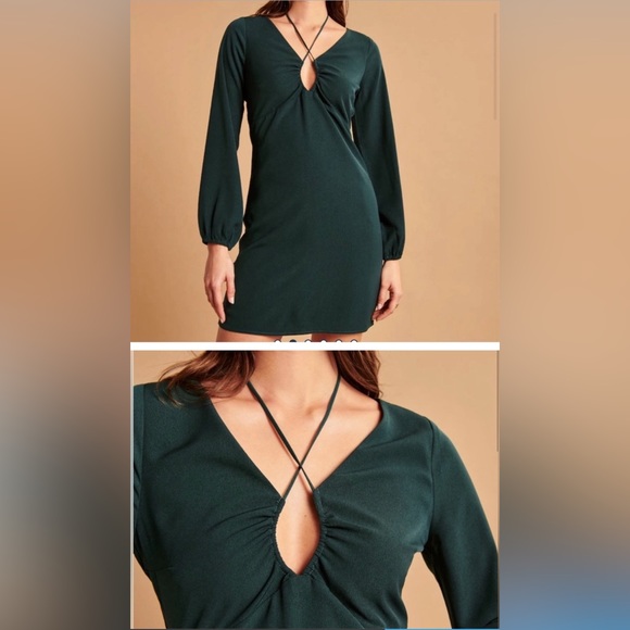 NWT A&F long sleeve strappy halter mini dress, XS, green - Picture 2 of 7